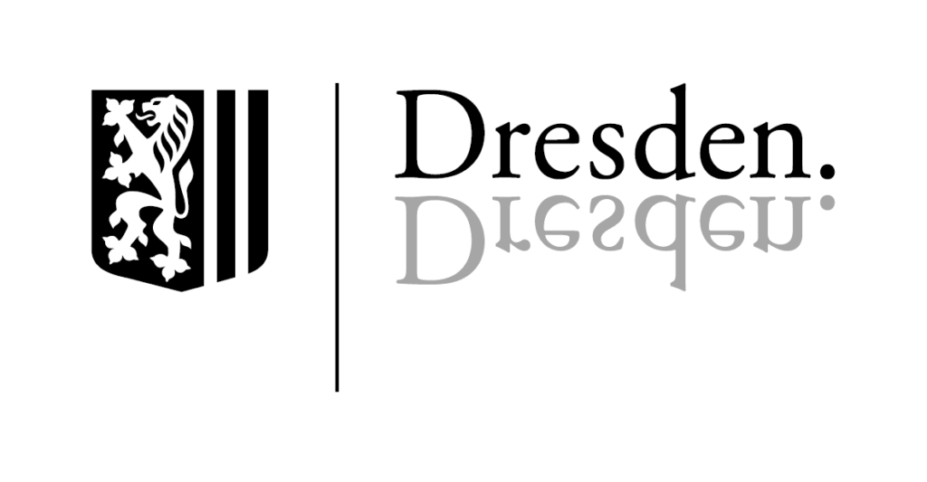 Logo: Wappen mit Löwen sowie Schriftzug "Dresden"